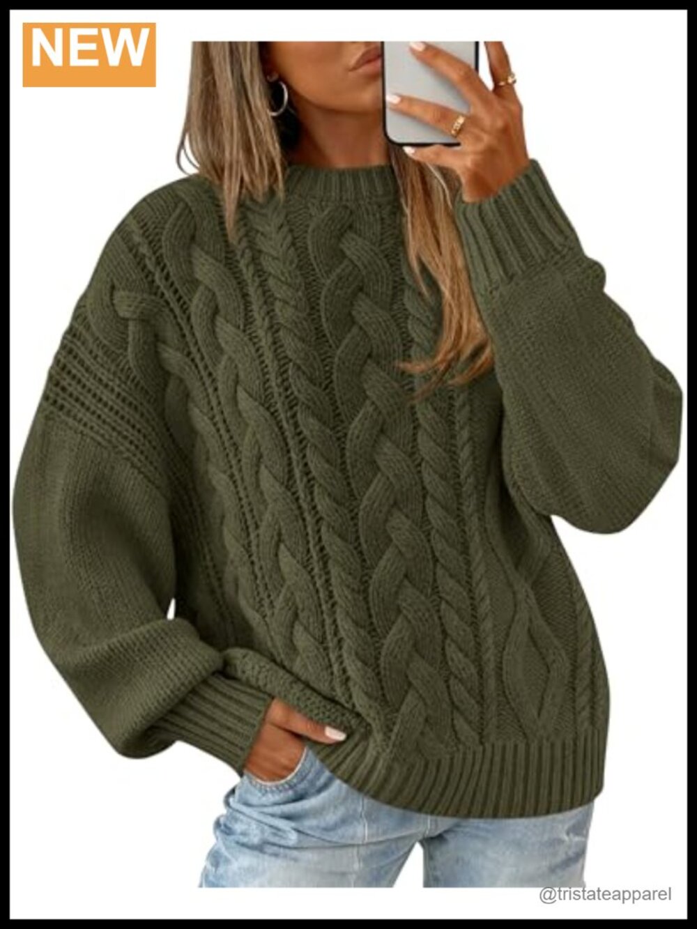 Oversized Cable Knit Sweater Crewneck Lantern Sleeve Pullover